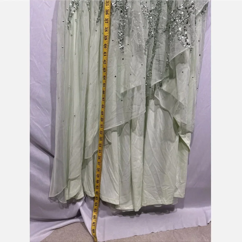 NWT $498 Mac Duggal [‎ 18 ] Sequined Butterfly Sleeve High Low Gown Sage Greeen